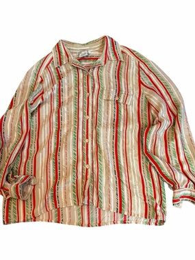 Vintage Gallant Silk Button Down ShirtStriped Red Green Tan Oversized Blouse  18